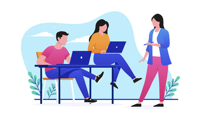 Small team in casual clothes working - Man and two woman doing work with computers. Flat design vector illustration with white background