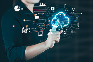 Businesswoman touching virtual monitor, cloud computer storage concept, cloud computing, big data, internet of things, business processes, various storage systems