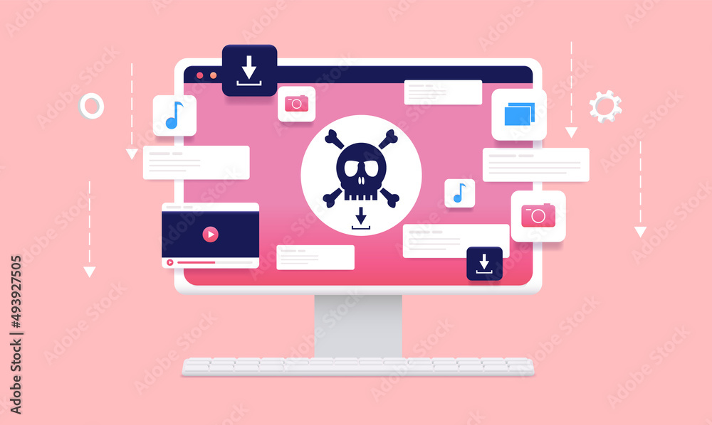 Poster Online piracy - Computer with pirate skull on red screen downloading files illegally from internet. Vector illustration