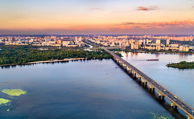 Aerial view of the Paton bridge in Kyiv, the capital of Ukraine, before the war with Russia