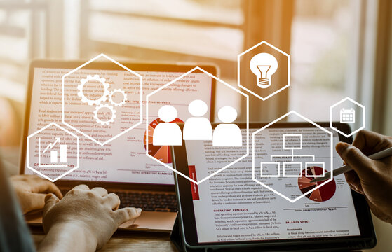 co working concept, business people using digital tablet for working with virtual interface icons network diagram, connecting, brainstorm, and business idea.