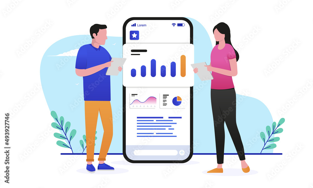 Aufkleber two people analysing infographic data - man and woman working with charts and graphs on phone screen
