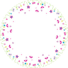 Round frame made of simple spring butterflies and flowers