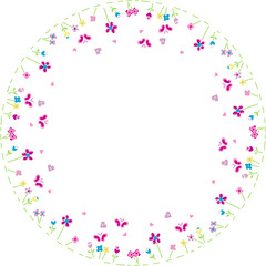 Round frame made of simple spring butterflies and flowers