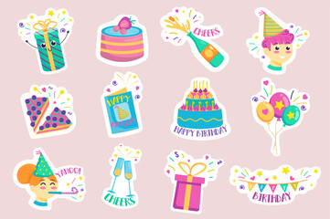 Happy Birthday stickers set. Bundle of cake with candles, drink, boy and girl in festive hat, balloon, gift, garland and other badge. Vector illustration with isolated printed material in flat design