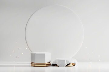 Abstract White and Gold Podium Platform For Product Display Showcase 3D Rendering