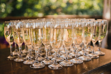 Catering banquet table at wedding reception. Restaurant presentation, european cuisine, food consumption, party concept. Food styling, appetizers bar, welcome drink, event design.