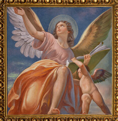 FORLÍ, ITALY - NOVEMBER 11, 2021: The fresco of angel with the book in the Cattedrala di Santa...