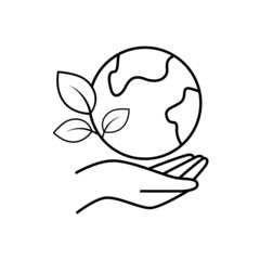 Planet earth and leaves in hand. Let's save a green planet and peaceful life on Earth. Symbol of ecology, nature, healthy future of the planet. Black vector outline icon