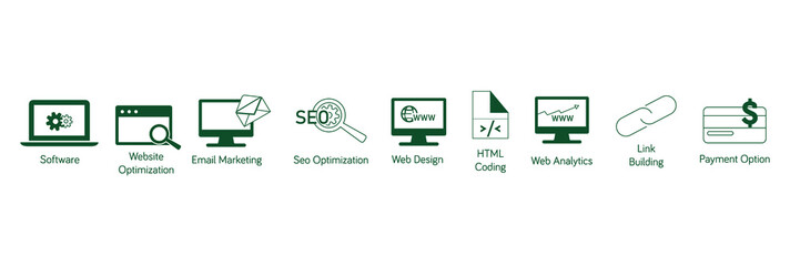 SEO icon set software, website optimization, email marketing, SEO optimization, web designing, HTML coding, web analytics, link building, payment option
