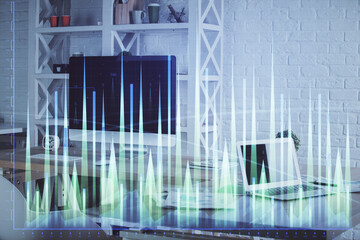 Double exposure of financial graph drawing and office interior background. Concept of stock market.