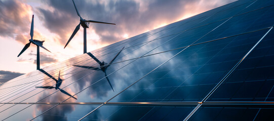 Renewable energy concept. Solar panels and wind generators with cloudy sky in the background. 3D rendering.