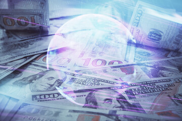 Double exposure of tech theme drawing over usa dollars bill background. Concept of technology.
