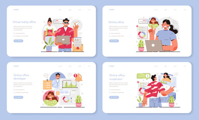Online office web banner or landing page set. Modern virtual office