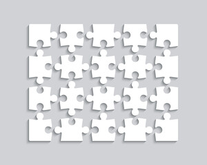 Puzzle pieces. Jigsaw grid. Simple mosaic layout with 20separate shapes. Thinking game on gray background. Laser cut frame. Vector illustration.