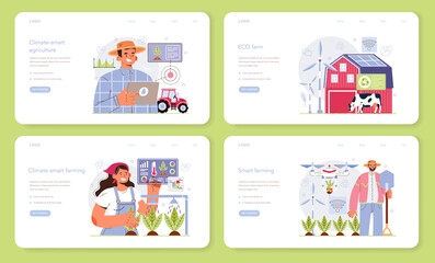 Obraz na płótnie Canvas Smart farming web banner or landing page set. Farm worker growing