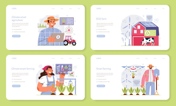 Smart farming web banner or landing page set. Farm worker growing