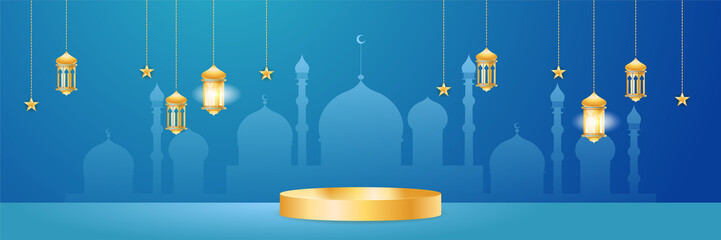 Ramadan style decoration blue gold colorful banner design background