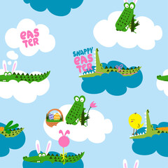 Croco Easter egg hunt party - Funny cartoon crocodile, chick, and eggs. Cute characters. Hand drawn vector doodle set for kids. Good for textiles, nursery, wallpapers, wrapping paper, clothes.