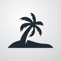Beach holidays. Destino de vacaciones. Icono plano silueta de isla con palmera en fondo gris