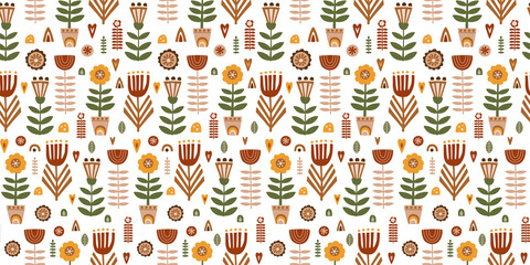 Scandinavian folk art pattern. Folk floral pattern. Swedish folk art print, seamless background, swedish textile, wallpaper in vector. Bright stylized decorative floral elements. Scandi illustration.