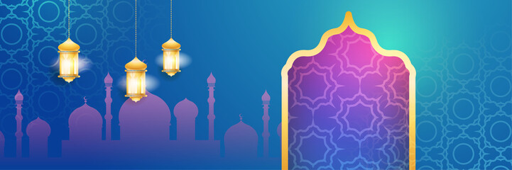 Ramadan style decoration blue gold colorful banner design background