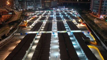 2022 Mar 12,Hong Kong. Aerial view of construction site of a new makeshift COVID-19 hospital and...