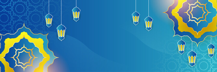Ramadan style decoration blue gold colorful banner design background
