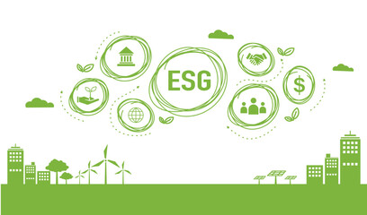 ESG banner web icon for business and organization, Environment, Social, Governance in the sky with green city. - obrazy, fototapety, plakaty