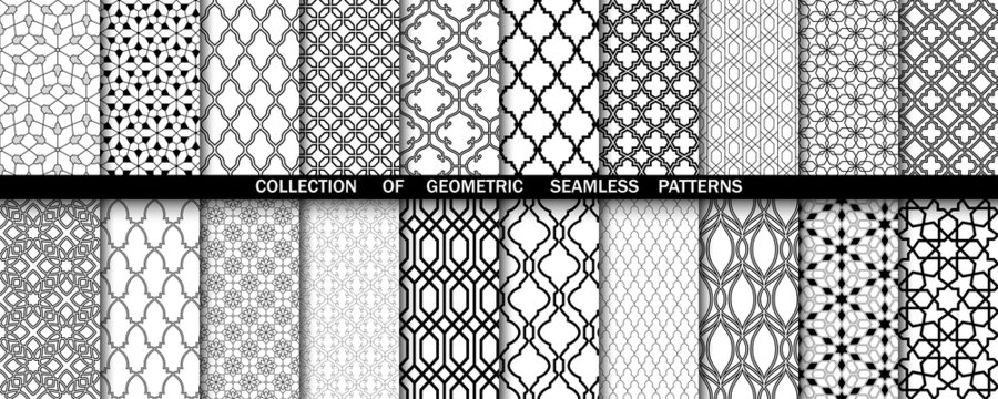 Geometric collection of black and white patterns. Seamless vector backgrounds. Simple graphics