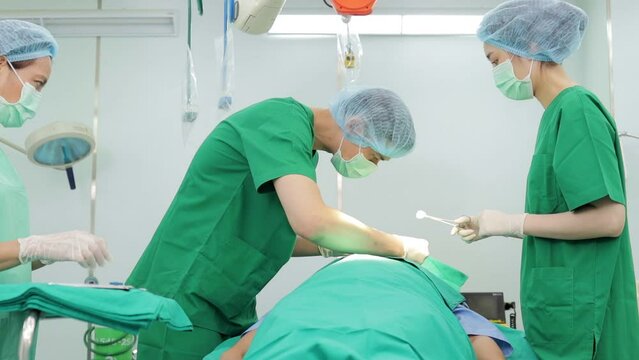 Professional team of Asian surgeons Perform surgery on a patient lying on a bed in a hospital operating room. medical concept Nose surgery. Cosmetic surgery.