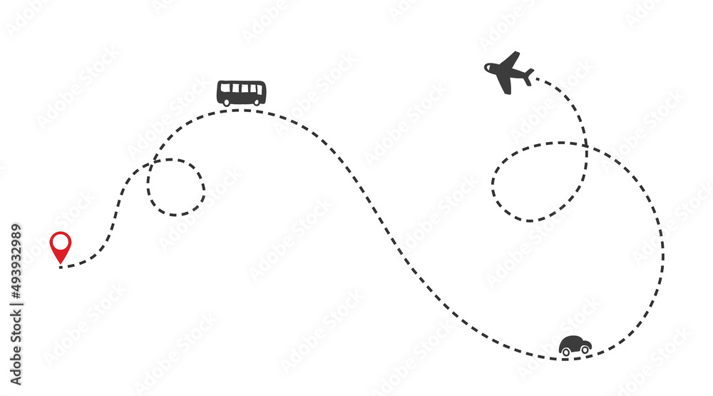 Poster multiple transportation ways on the route. airplane flight path with dash line and dash line trace. 