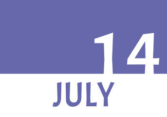 14 july calendar date with copy space. Very Peri background and white numbers. Trending color for 2022.