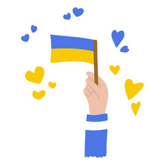 Hand drawn ukrainian flag in hand isolated on white background, elements for poster, banner, card, t-shirt. Pray for Ukraine. Social assistance and support. Vector illustration