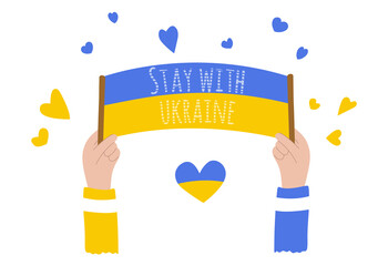 Hand drawn ukrainian flag in hands in color isolated on white background, elements for poster, banner, card, t-shirt. Pray for Ukraine. Social assistance and support. Vector illustration