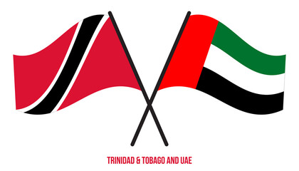 Trinidad & Tobago and UAE Flags Crossed And Waving Flat Style. Official Proportion.