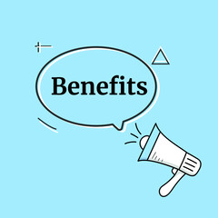 Male hand holding megaphone with benefits speech bubble. Loudspeaker. Banner for business, marketing and advertising. Vector illustration