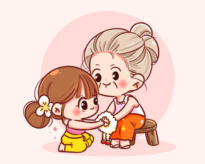 Family day cute girl pay respect to grandparents Songkran festival Thailand traditional cartoon character hand draw art illustration