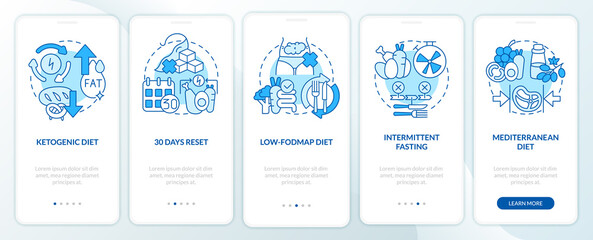 Trendy diets blue onboarding mobile app screen. Healthy nutrition walkthrough 5 steps graphic instructions pages with linear concepts. UI, UX, GUI template. Myriad Pro-Bold, Regular fonts used