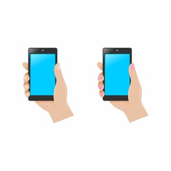 Hand holding smart phone on white background. Flat design