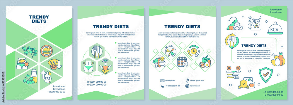 Wall mural Trendy diets brochure template. Healthy nutrition and eating. Leaflet design with linear icons. 4 vector layouts for presentation, annual reports. Arial-Black, Myriad Pro-Regular fonts used