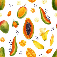 Seamless pattern with tropical fruits