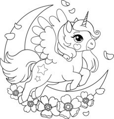 Cute pegasus with petals and flowers. Vector outline for coloring book
