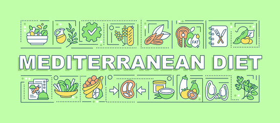 Mediterranean diet word concepts green banner. Trendy and healthy nutrition. Infographics with icons on color background. Isolated typography. Vector illustration with text. Arial-Black font used