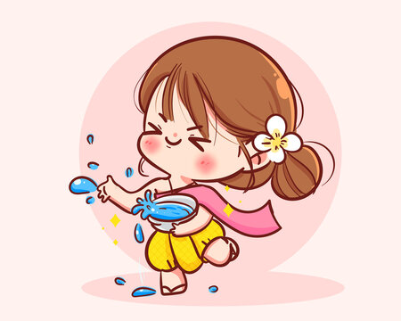 Happy Cute girl splashing water during Water Songkran festival Thailand traditional cartoon character hand draw art illustration