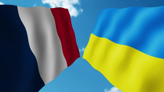 Flag of France and Ukraine against the sky. Support for Ukraine by France. Friendship, cooperation concept.