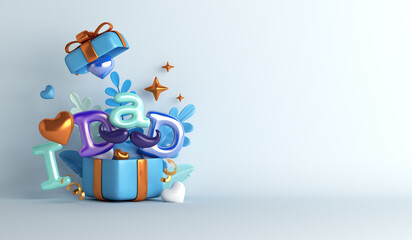 Happy Fathers Day decoration background with balloon gift box, heart shape, leaves copy space text, 3D rendering illustration