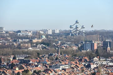Raamstickers Belgique Bruxelles panorama ville pollution environnement carbone immobilier Atomium © JeanLuc
