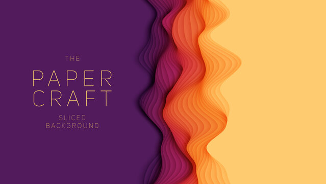 Violet to orange paper layers. 3D abstract gradient papercut. Colorful origami shape concept