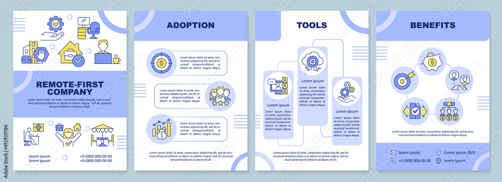 Wall mural Remote-first purple brochure template. Business development. Leaflet design with linear icons. 4 vector layouts for presentation, annual reports. Arial-Black, Myriad Pro-Regular fonts used